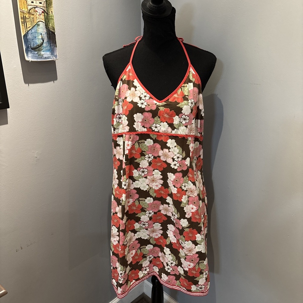 Y2K Old Navy Brown Tropical Floral Halter Midi Dress Women's Size M Resortwear